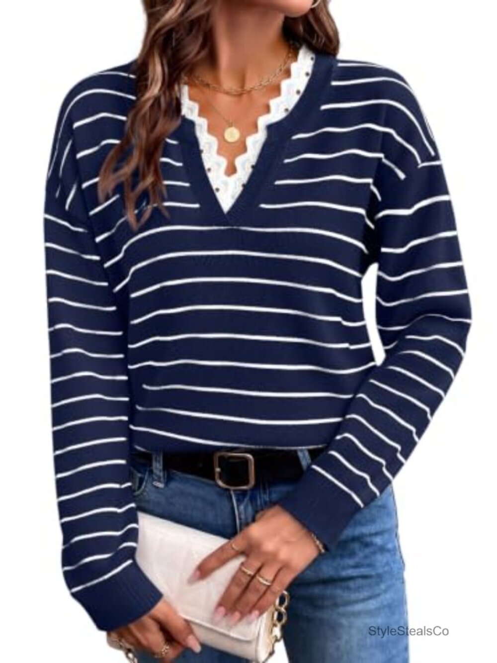 Womens V-Neck Pullover Sweater Lace Trim Long Sleeve Business Casual Knit